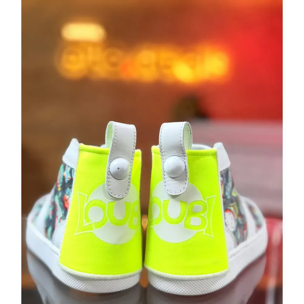 Christian Louboutin Loubi Kids High Top Sneakers White Neon Yellow Space Print
